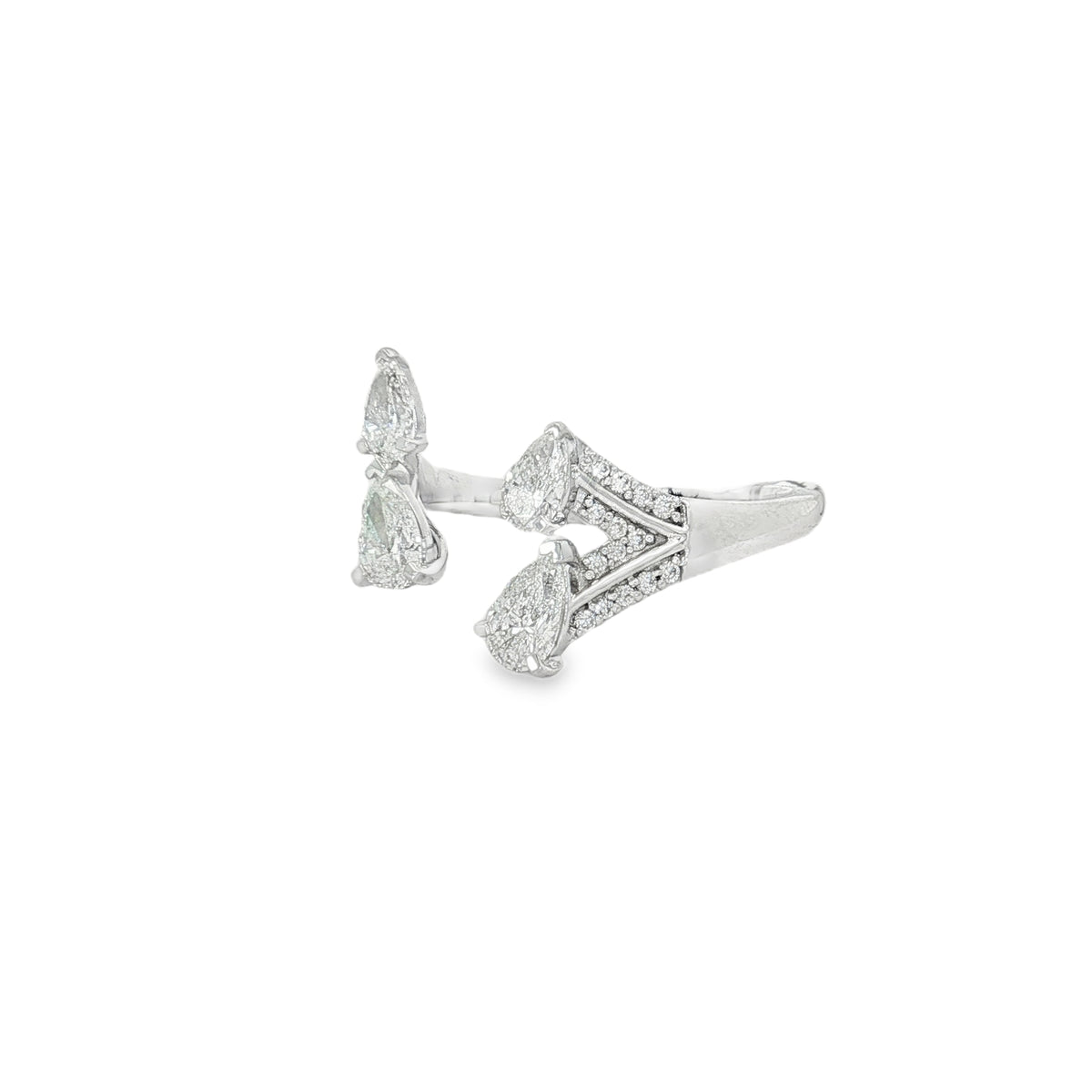 Pear Diamond Chevron Open Ring in white gold angled view