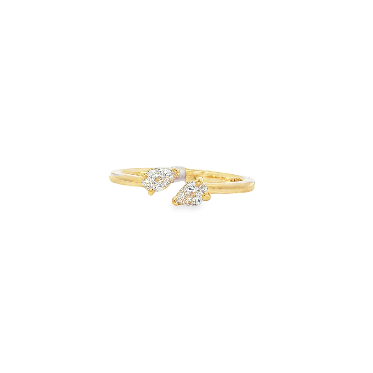 Yellow gold open ring with two angled pear-shaped diamonds on a smooth band