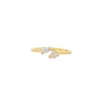 Yellow gold open ring with two angled pear-shaped diamonds on a smooth band