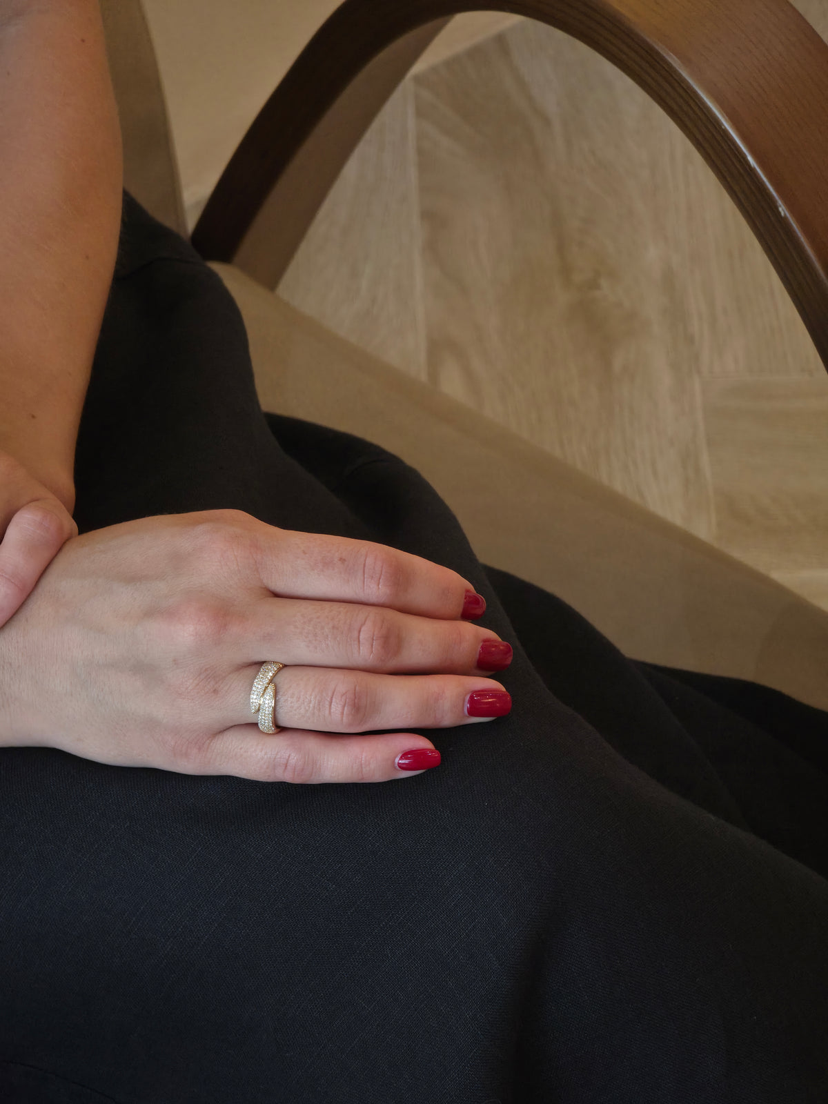 Sleek Pavé Crossover Yellow Gold Ring - additional view