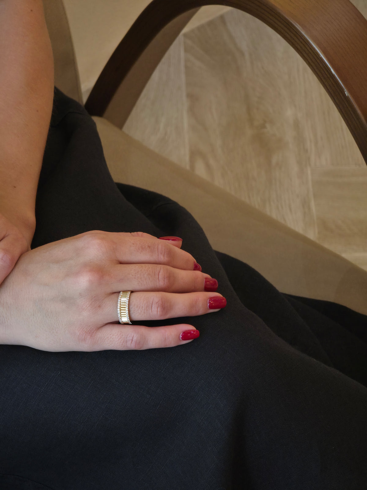 Polished Ribbed Diamond Yellow Gold Ring - additional view