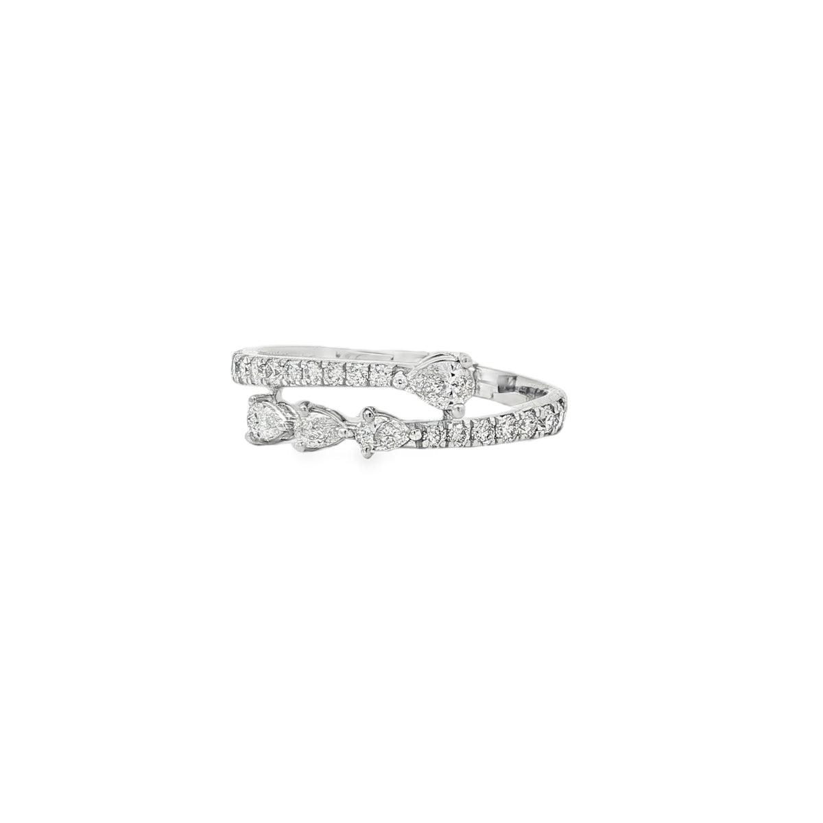 White gold bypass ring with graduated pear diamonds and round diamond bands