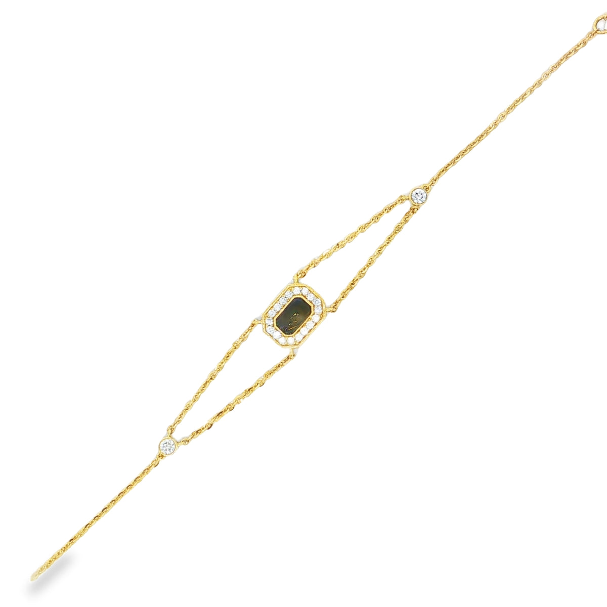 Yellow gold double-chain bracelet with a dark rectangular mina center framed by diamonds