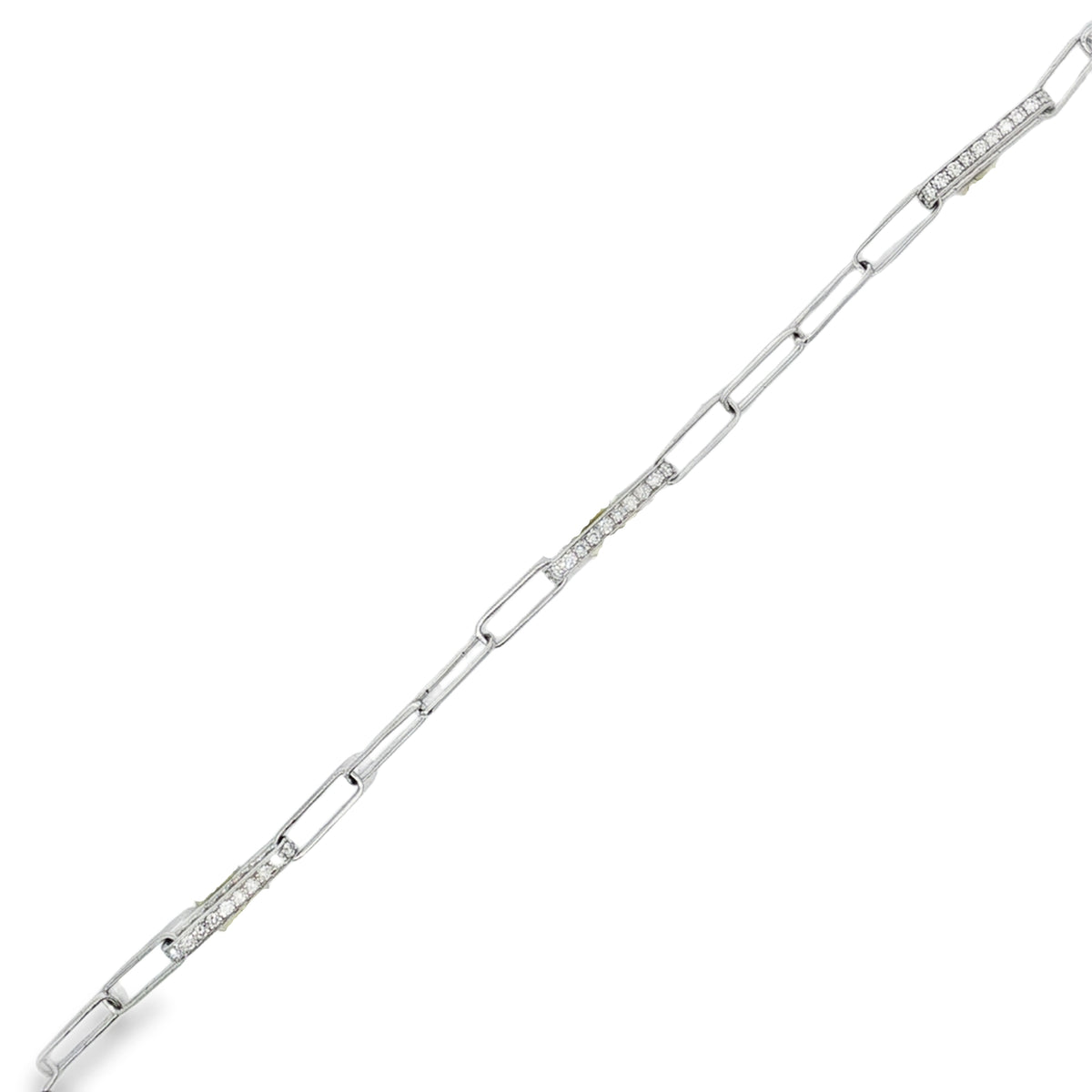White gold paperclip bracelet with elongated polished links and diamond-set accents