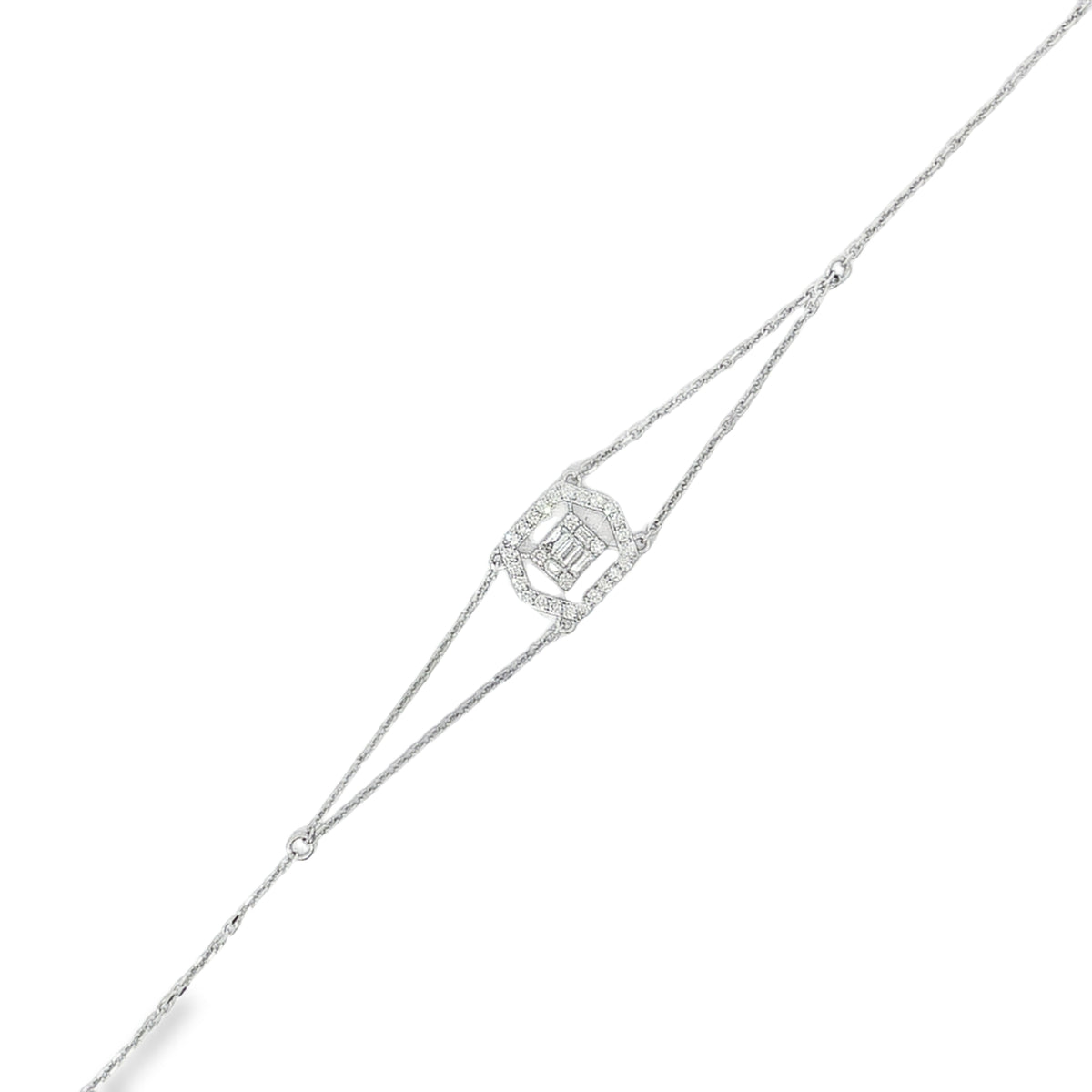 White gold split-chain bracelet with a baguette diamond cluster and round diamond frame