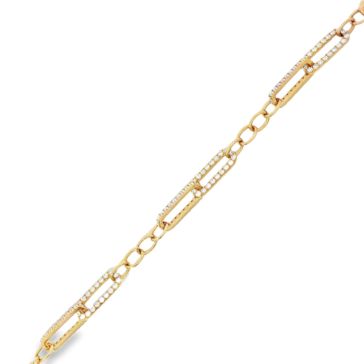 Yellow gold bracelet with diamond-outlined paperclip links and polished connecting links