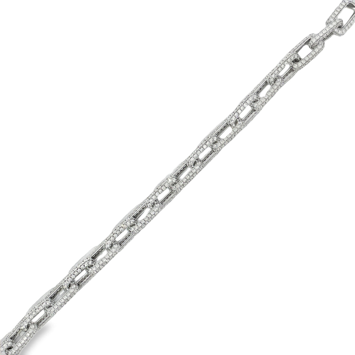 White gold bracelet with connected rectangular open links covered in pavé diamonds