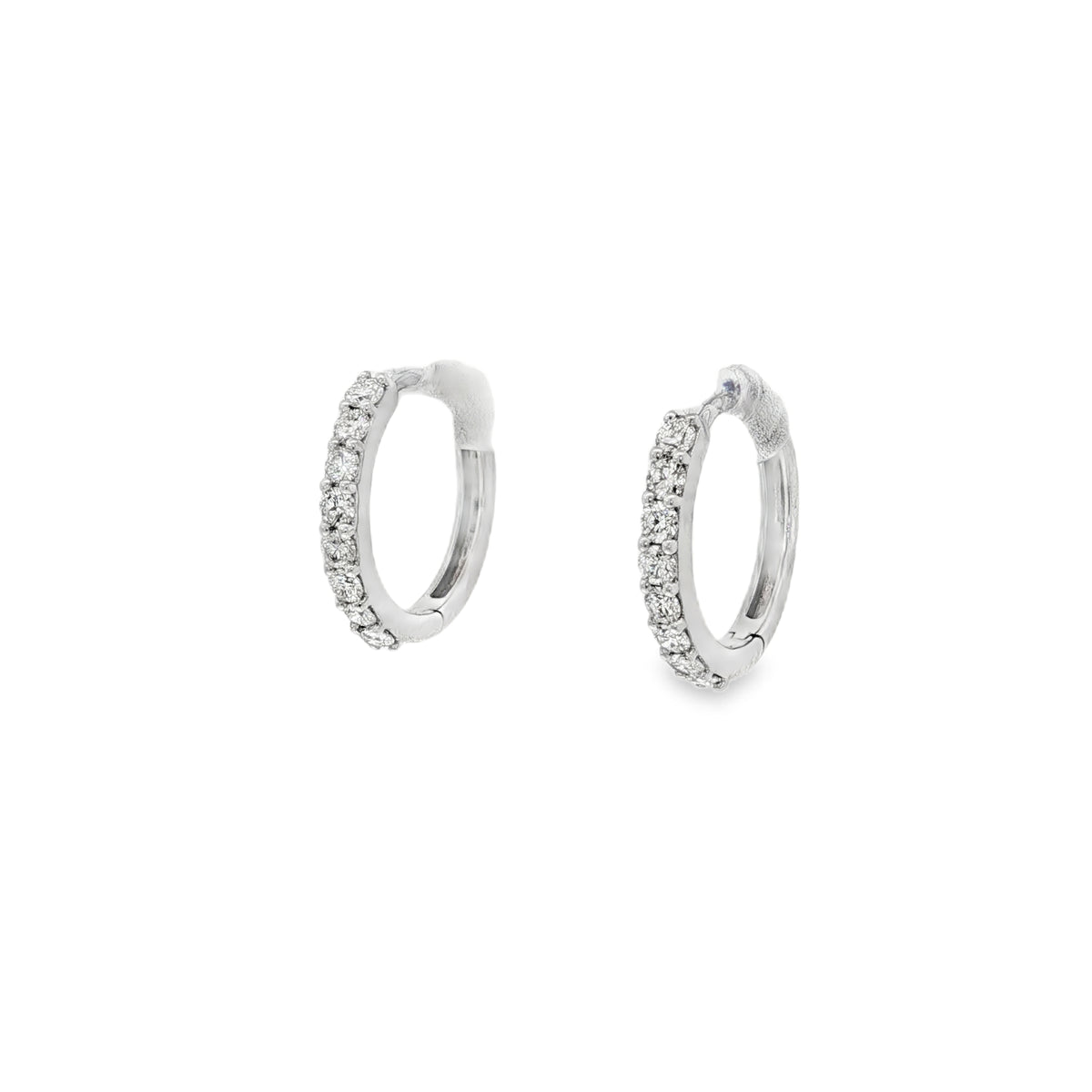 White gold hoop earrings with a single front row of round diamonds