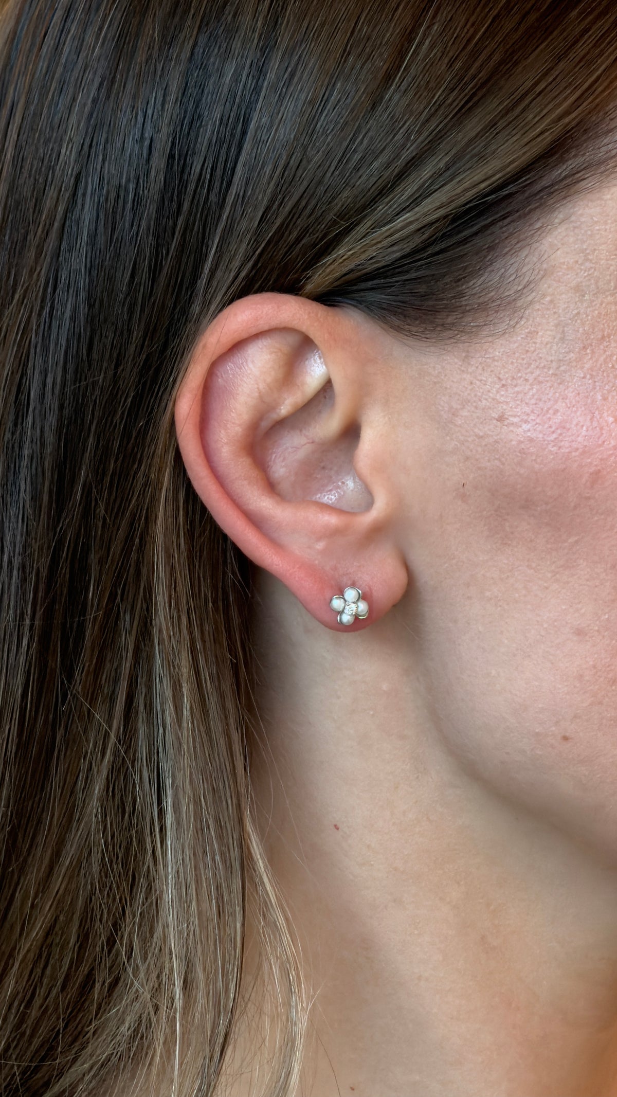 Pearl Quartet Diamond Clover Stud Earrings - additional view