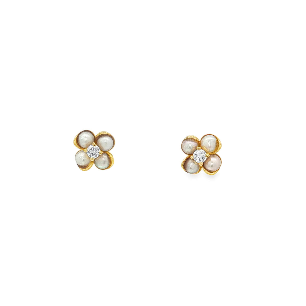 Yellow gold flower stud earrings with four pearl petals and central diamonds