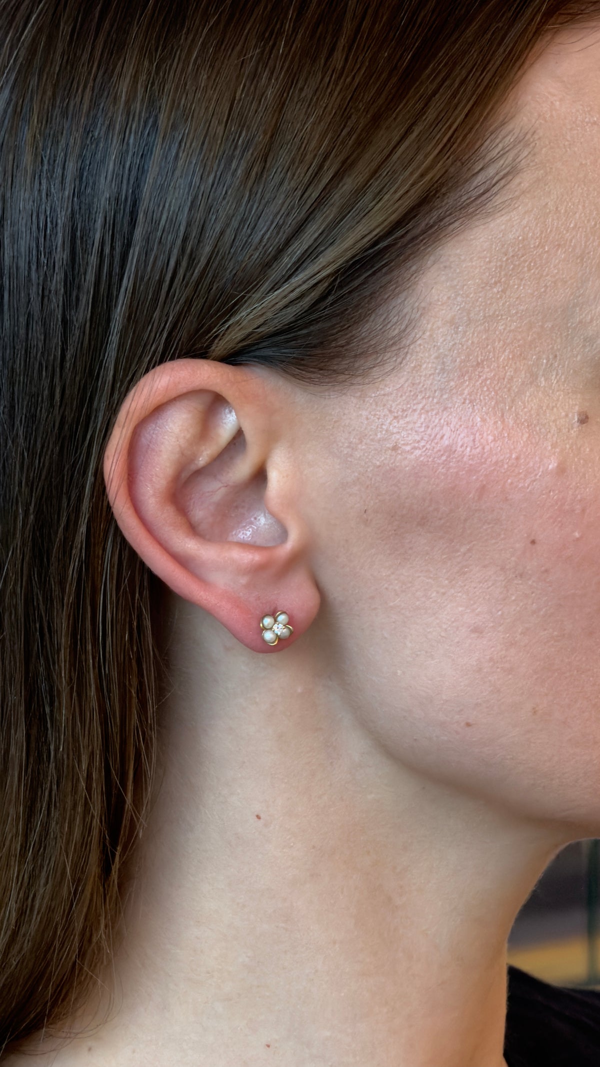 Pearl Flower Diamond Yellow Gold Stud Earrings - additional view
