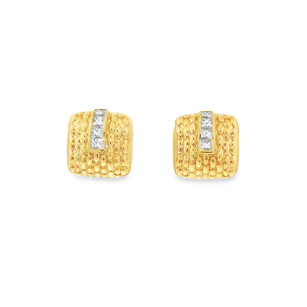 Yellow gold earrings with textured curved fronts and vertical princess-cut diamond rows