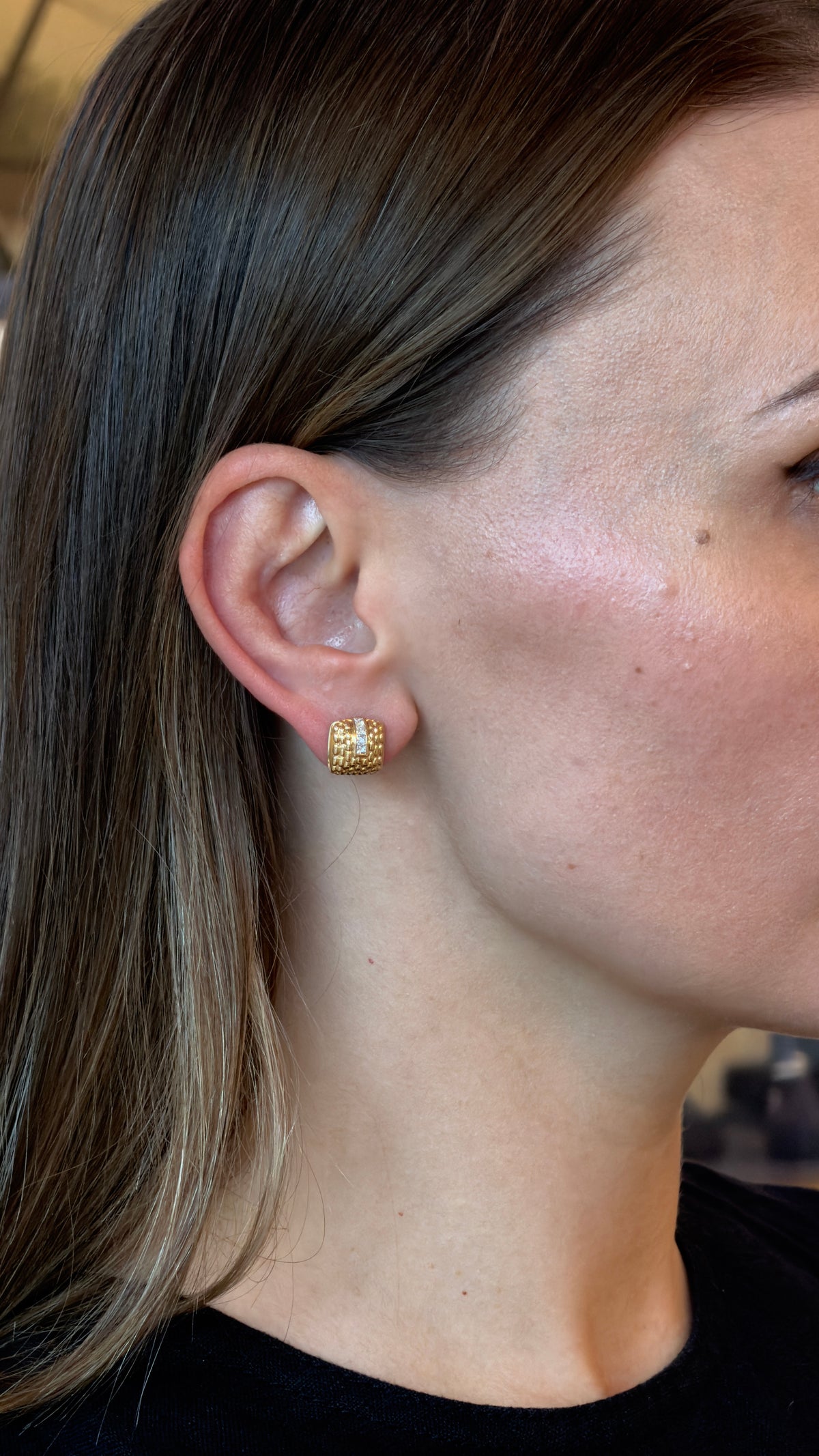 Princess-Cut Diamond Textured Yellow Gold Earrings - additional view