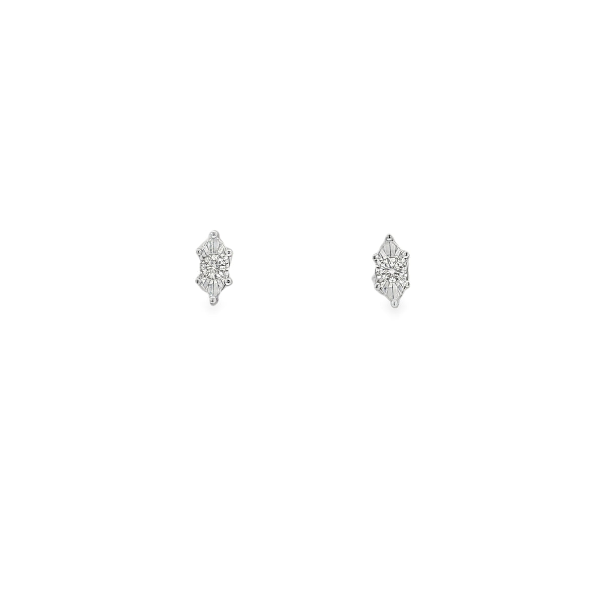 White gold geometric stud earrings with round diamond centres and pointed ends
