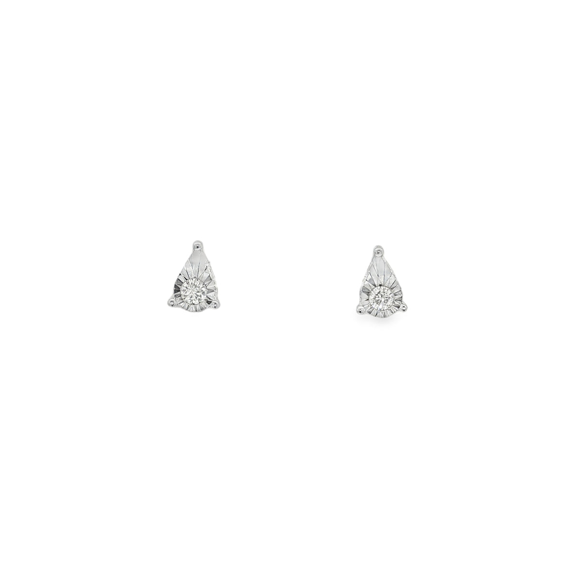 White gold teardrop stud earrings with round diamonds and radiating polished details