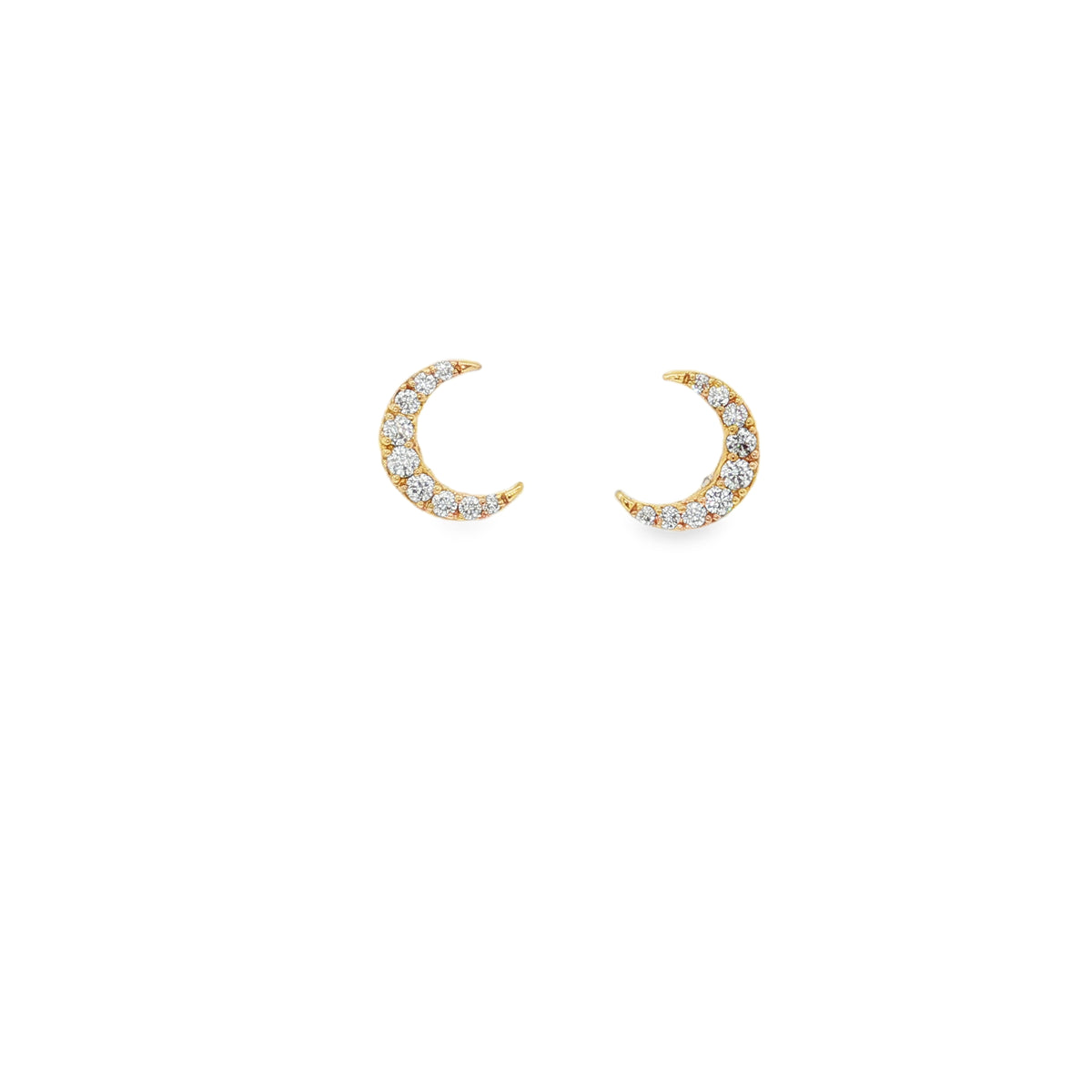 Yellow gold crescent stud earrings with graduated round diamonds and pointed tips
