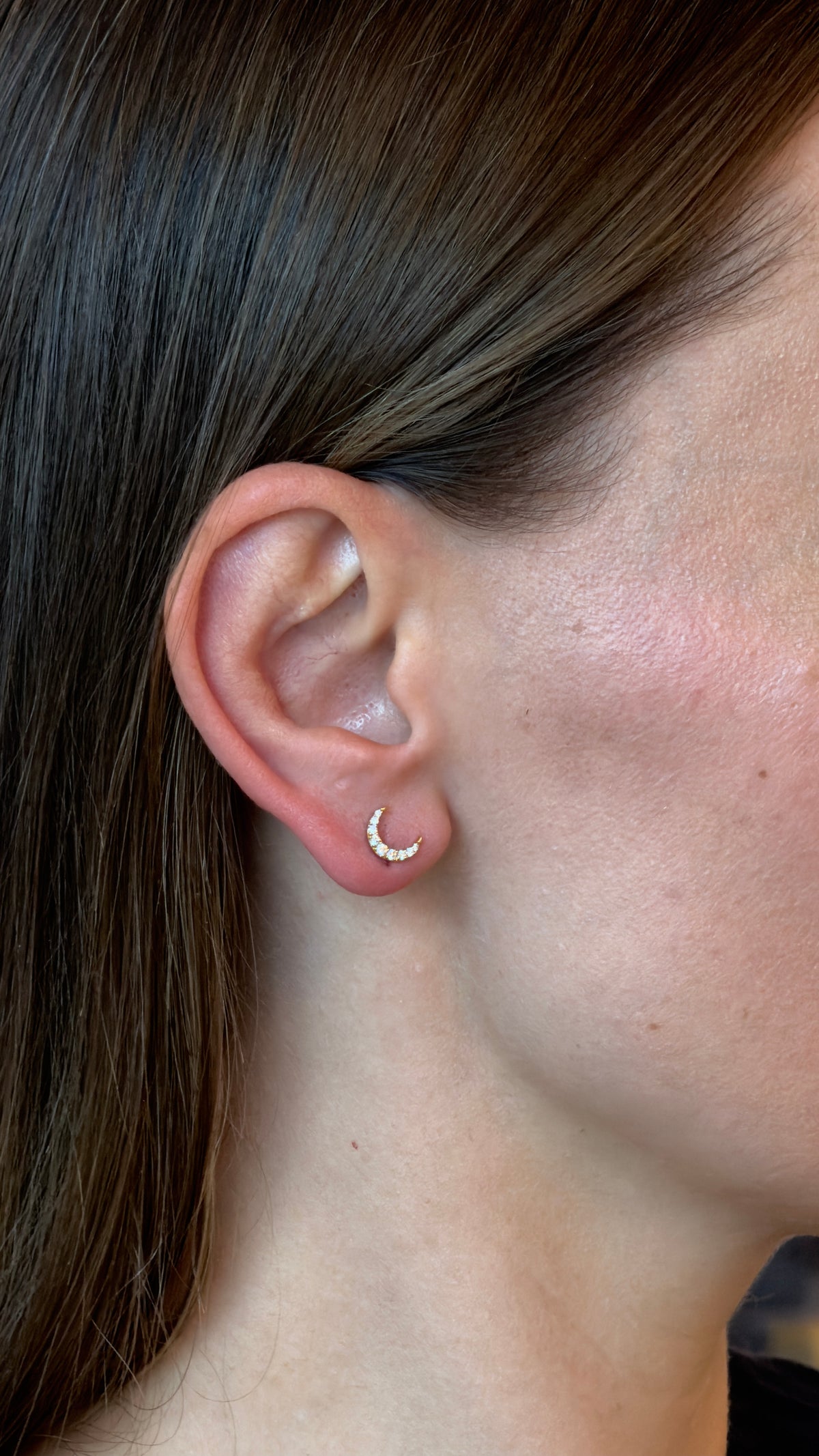 Diamond Graduated Crescent Yellow Gold Stud Earrings - additional view
