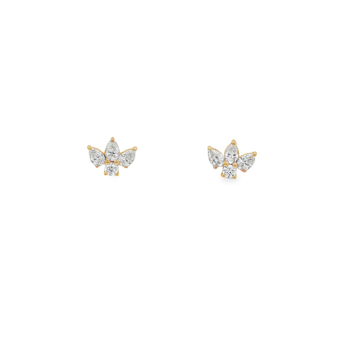 Yellow gold crown stud earrings with three marquise diamonds above round diamond bases