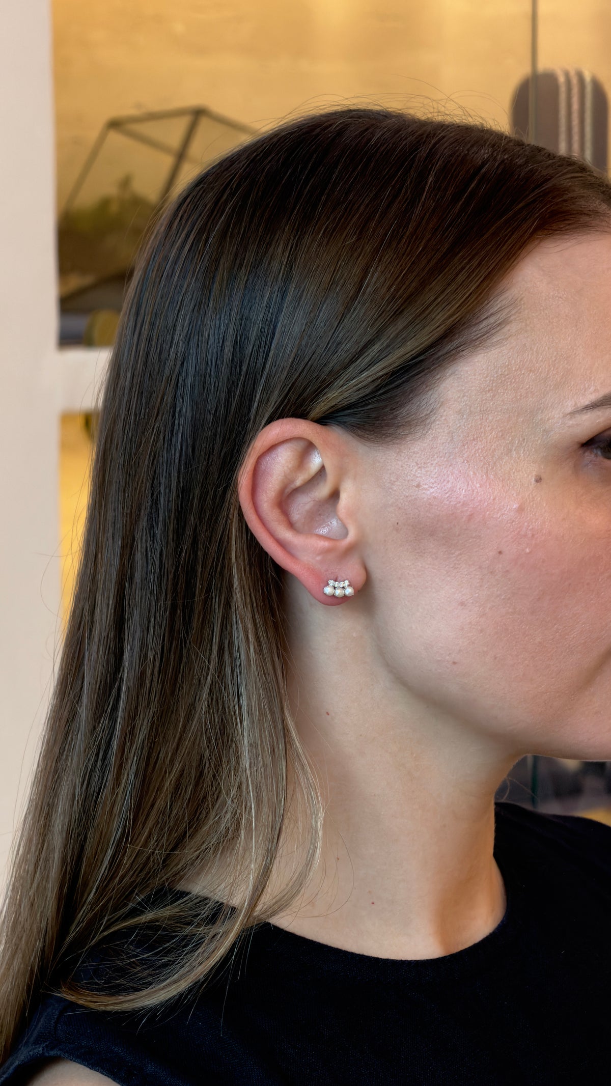 Delicate Pearl Trio Diamond Bar Earrings - additional view