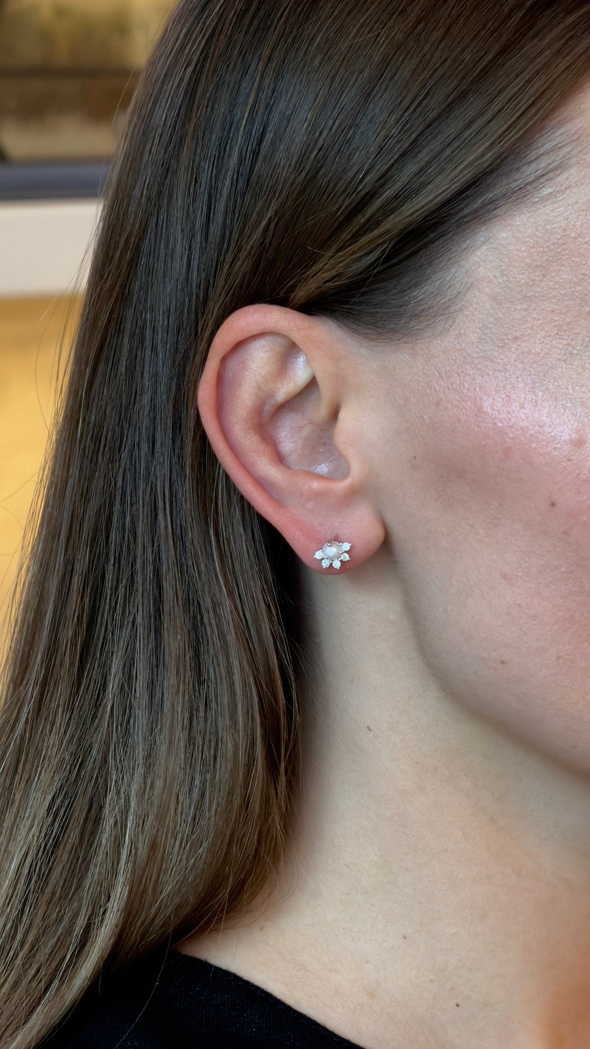 Whimsical Pearl Diamond Star Stud Earrings - additional view