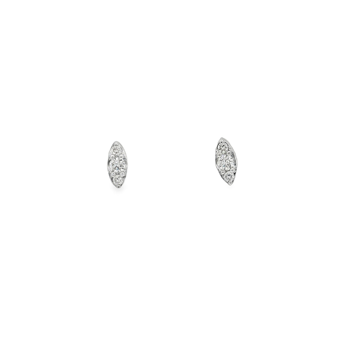 White gold stud earrings with round diamond clusters in pointed marquise-shaped frames