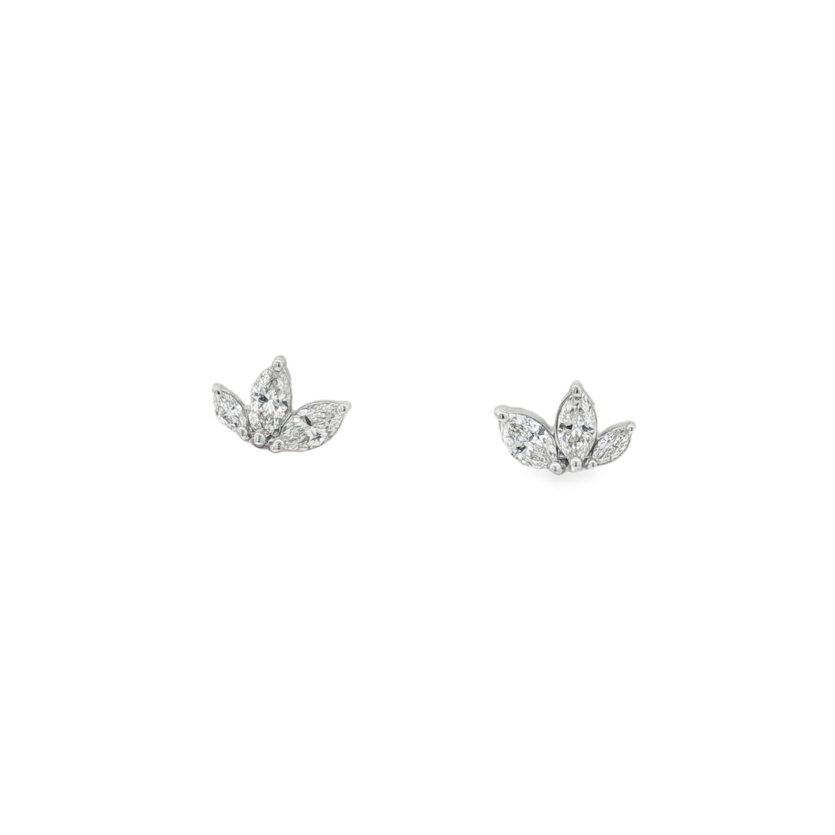 Mixed-color gold stud earrings with three marquise diamonds in a petal arrangement