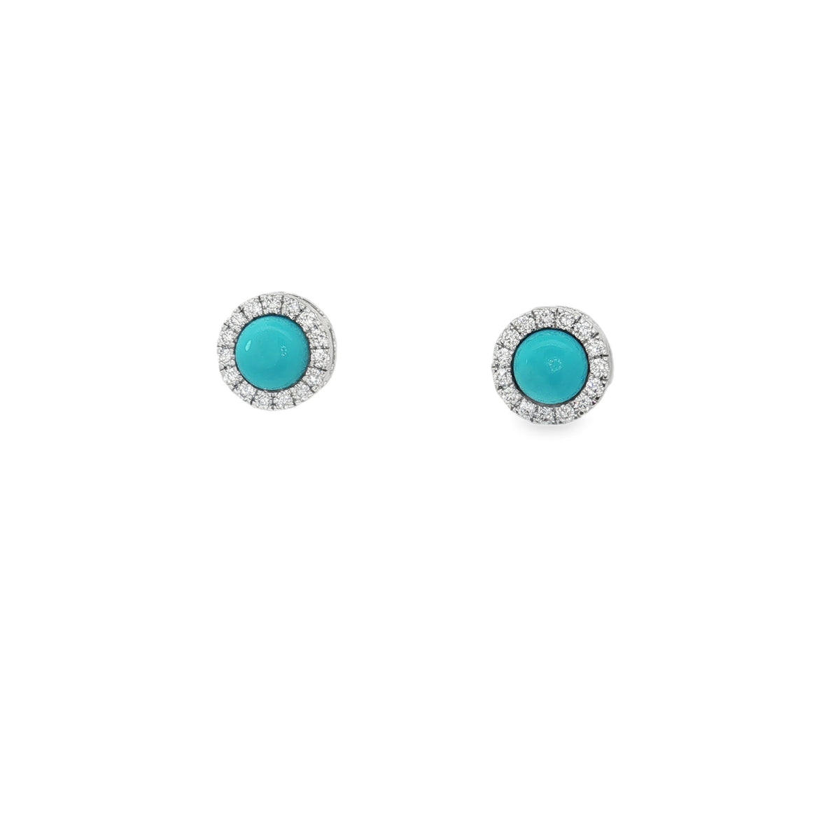 White gold stud earrings with round turquoise centers surrounded by diamond halos
