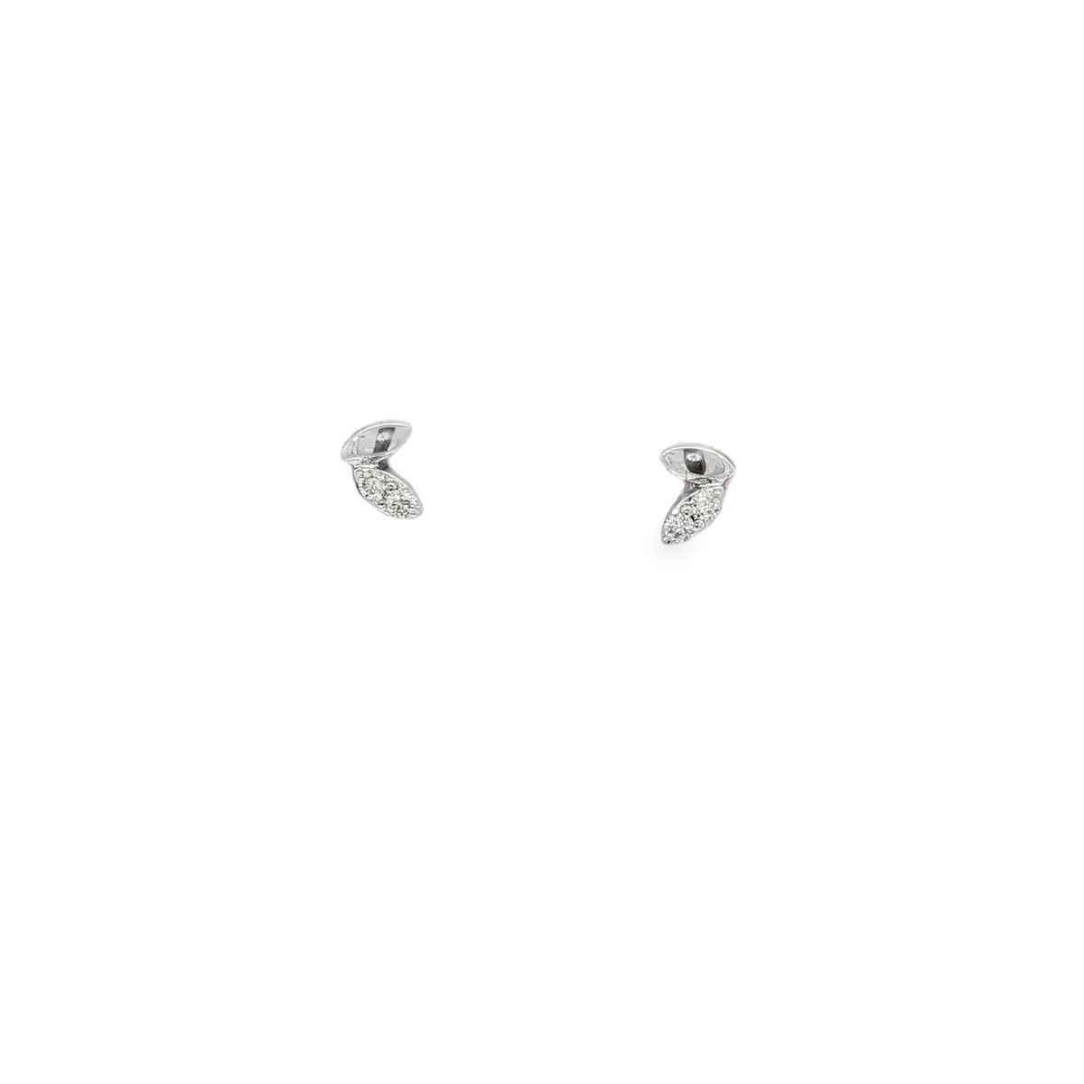 White gold folded leaf earrings with polished curves and round diamond accents