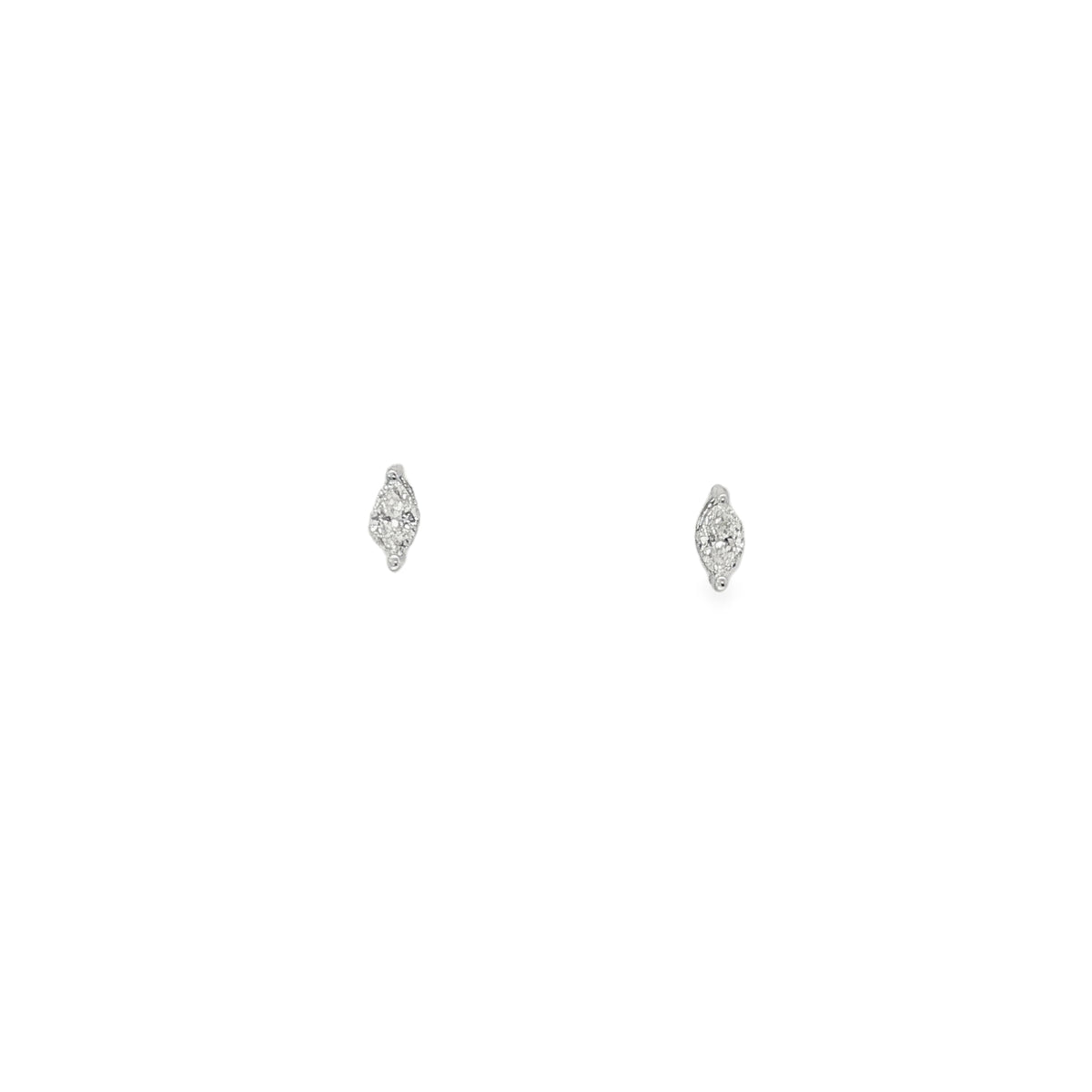 White gold minimalist stud earrings with marquise diamonds in slim fitted settings
