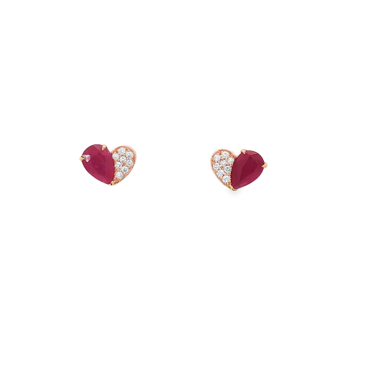 Rose gold heart stud earrings combining red ruby sections with pavé diamonds