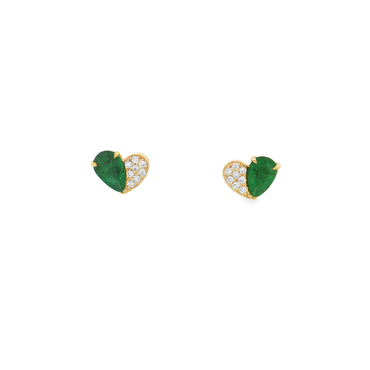Yellow gold heart stud earrings combining green emerald sections with pavé diamonds