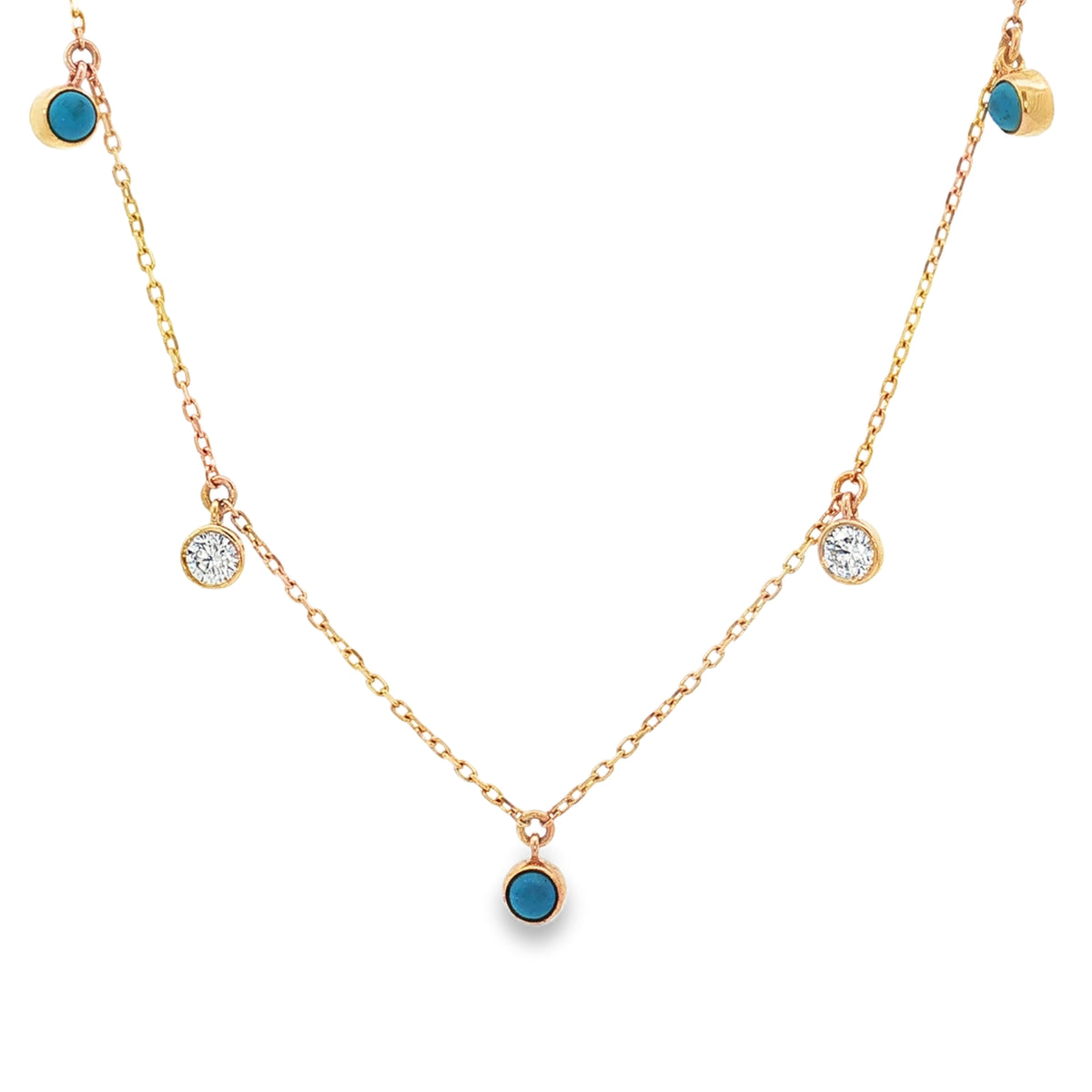Yellow gold necklace with spaced turquoise drops and circular diamond charms