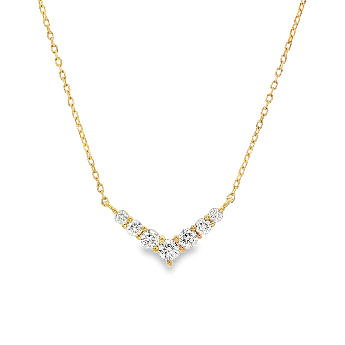 Yellow gold chevron necklace with graduated round diamonds forming a V shape