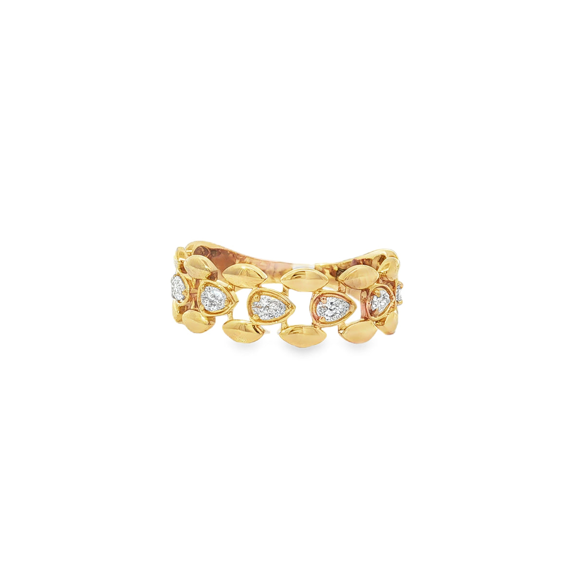 Yellow gold openwork ring with pear diamonds between rows of leaf-like details
