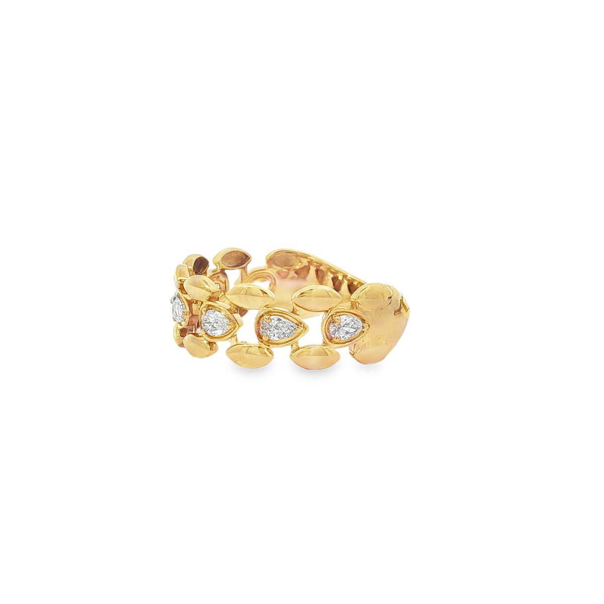 Angled view of yellow gold pear diamond ring showing leaf-edged openwork band