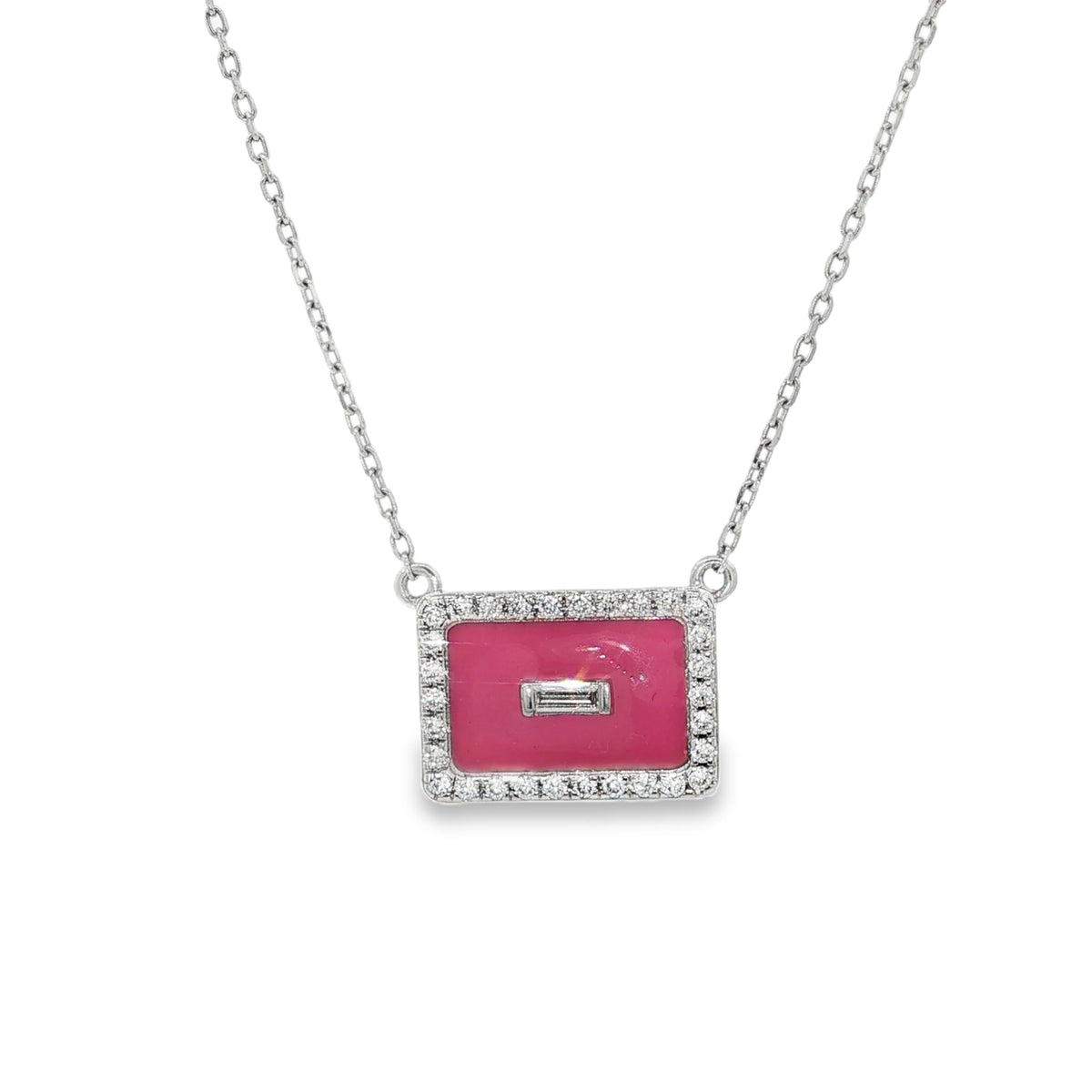 White gold rectangular necklace with a pink mina, central baguette and diamond border