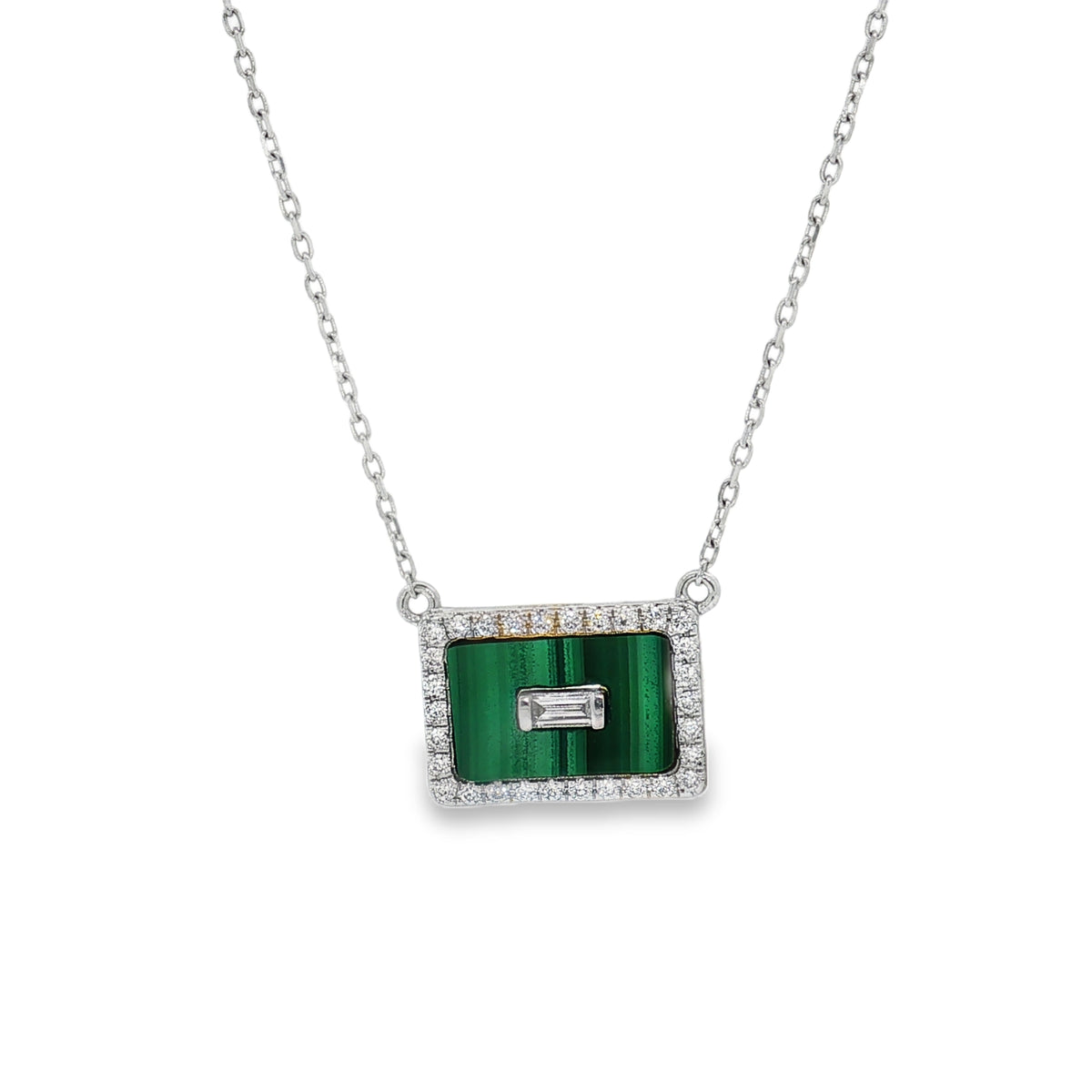 White gold rectangular malachite necklace with a central baguette diamond and diamond border