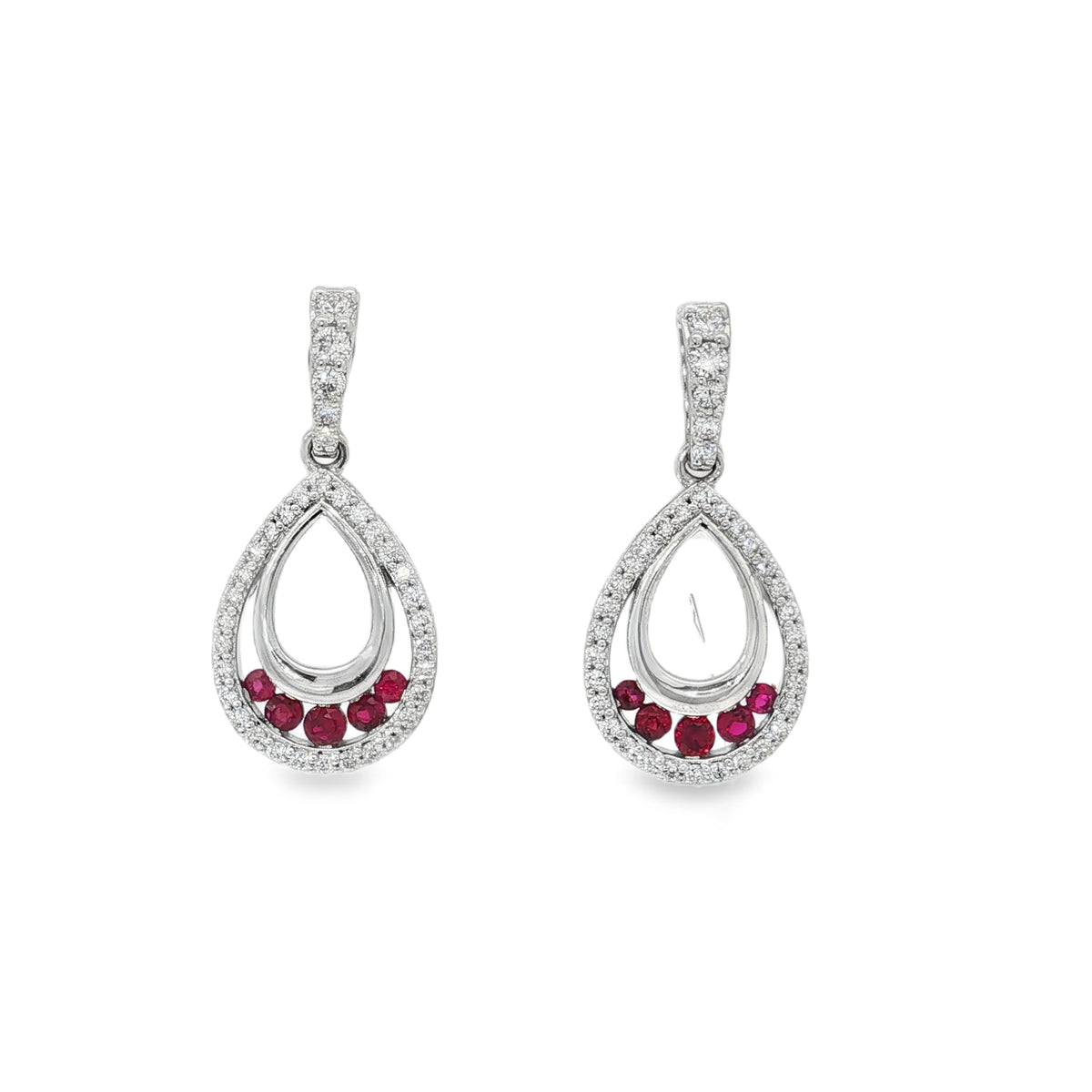 White gold dangle earrings with ruby accents along open diamond-set teardrop frames