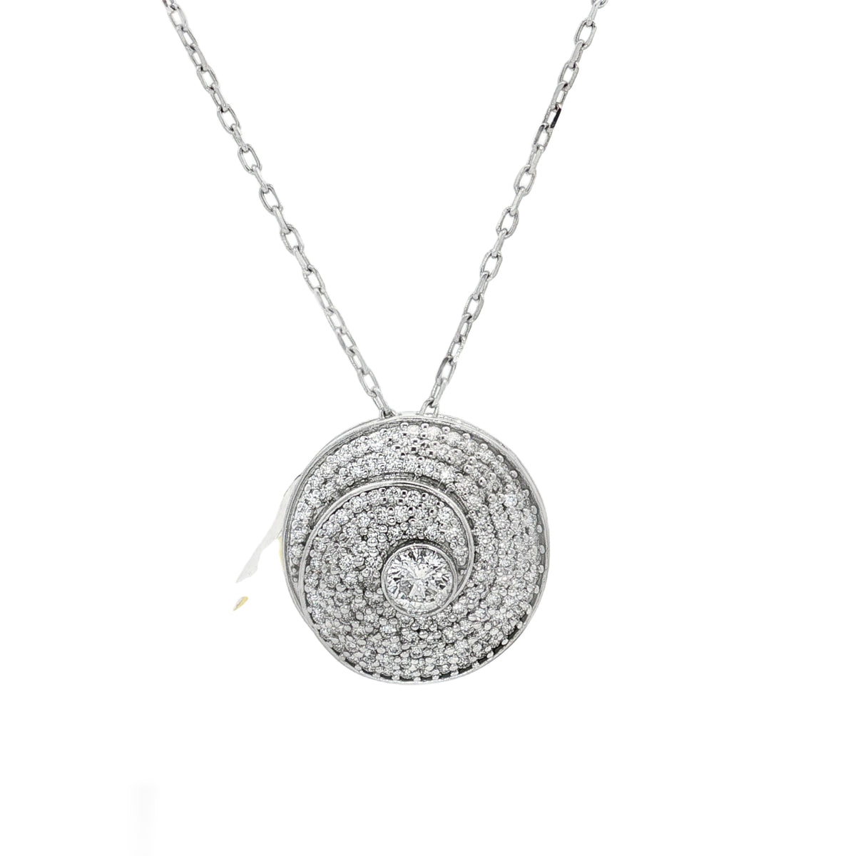 White gold disc pendant with pavé diamond spirals around an off-center round diamond