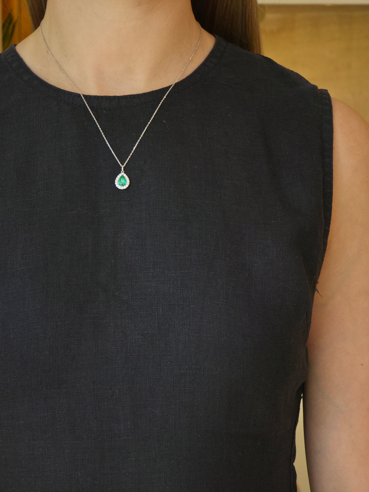 Classic Pear Emerald Diamond Halo Necklace - additional view
