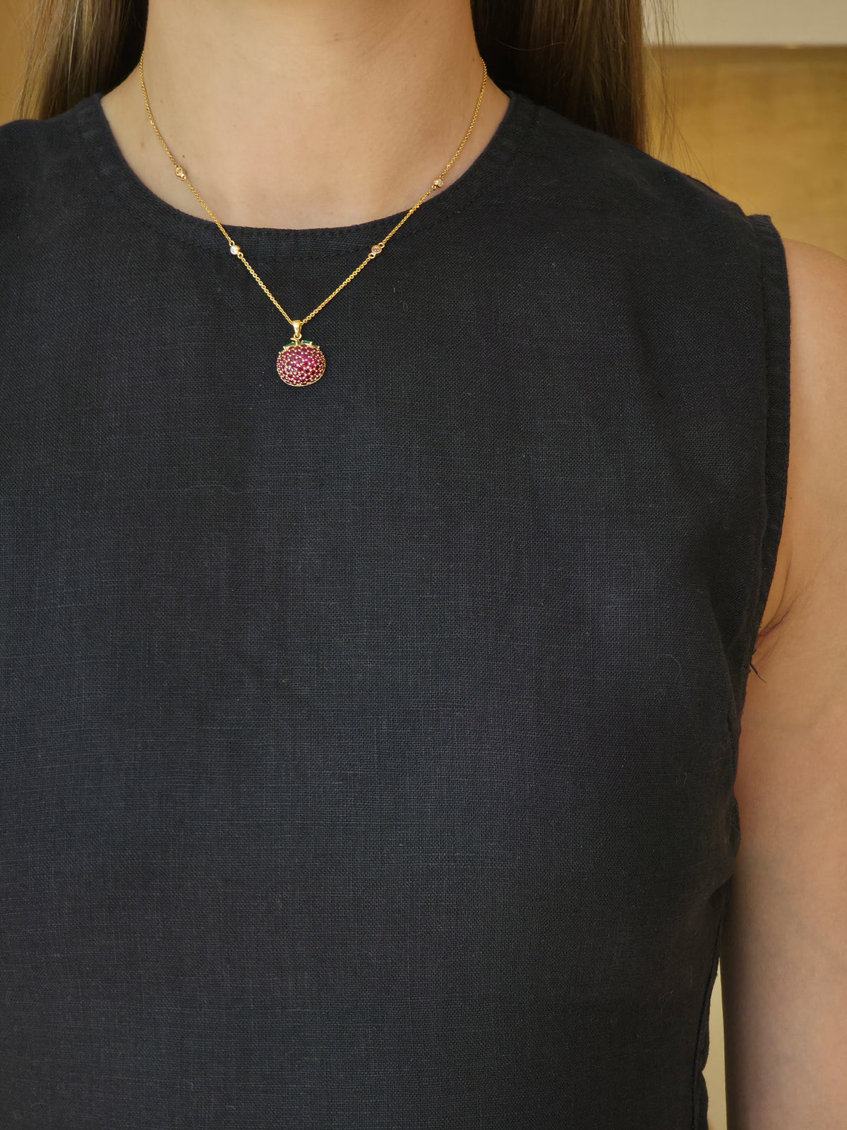 Emerald Ruby Strawberry Yellow Gold Necklace - additional view