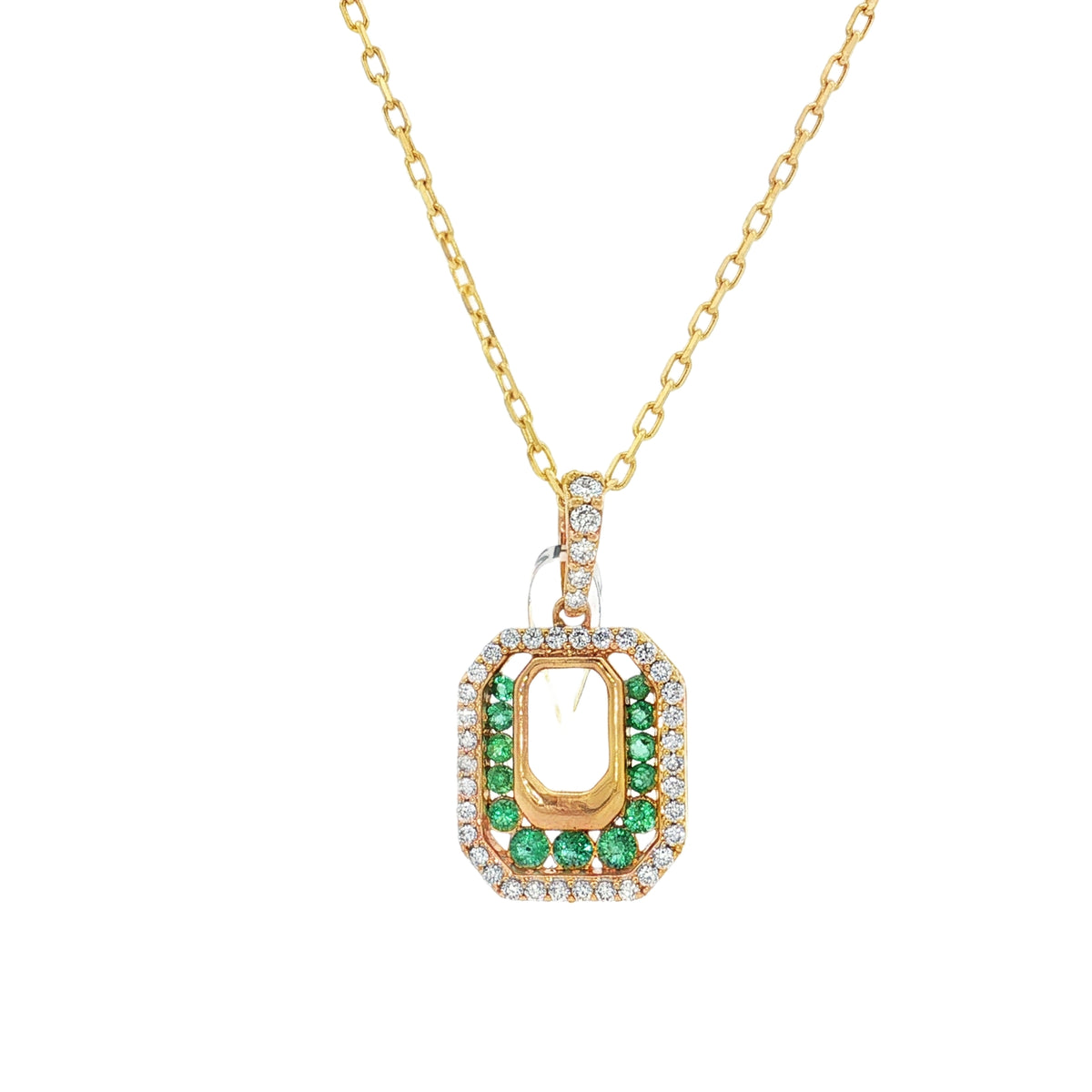 Yellow gold open rectangular pendant bordered with emeralds and round diamonds