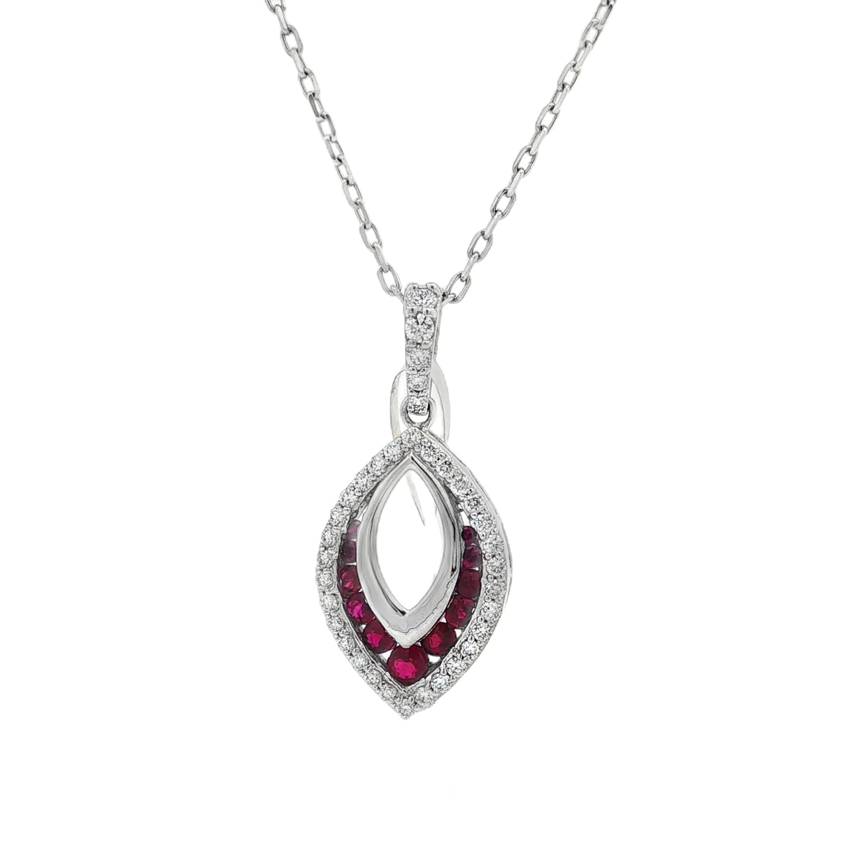 White gold open-marquise pendant with lower ruby accents and a round diamond border
