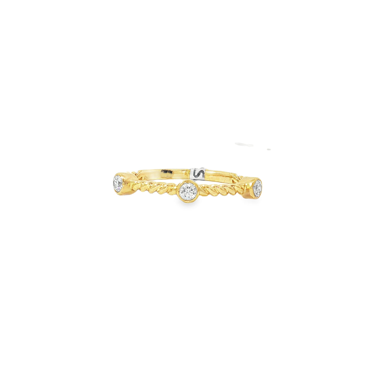 Yellow gold rope-twist ring with spaced round diamonds in smooth bezel settings