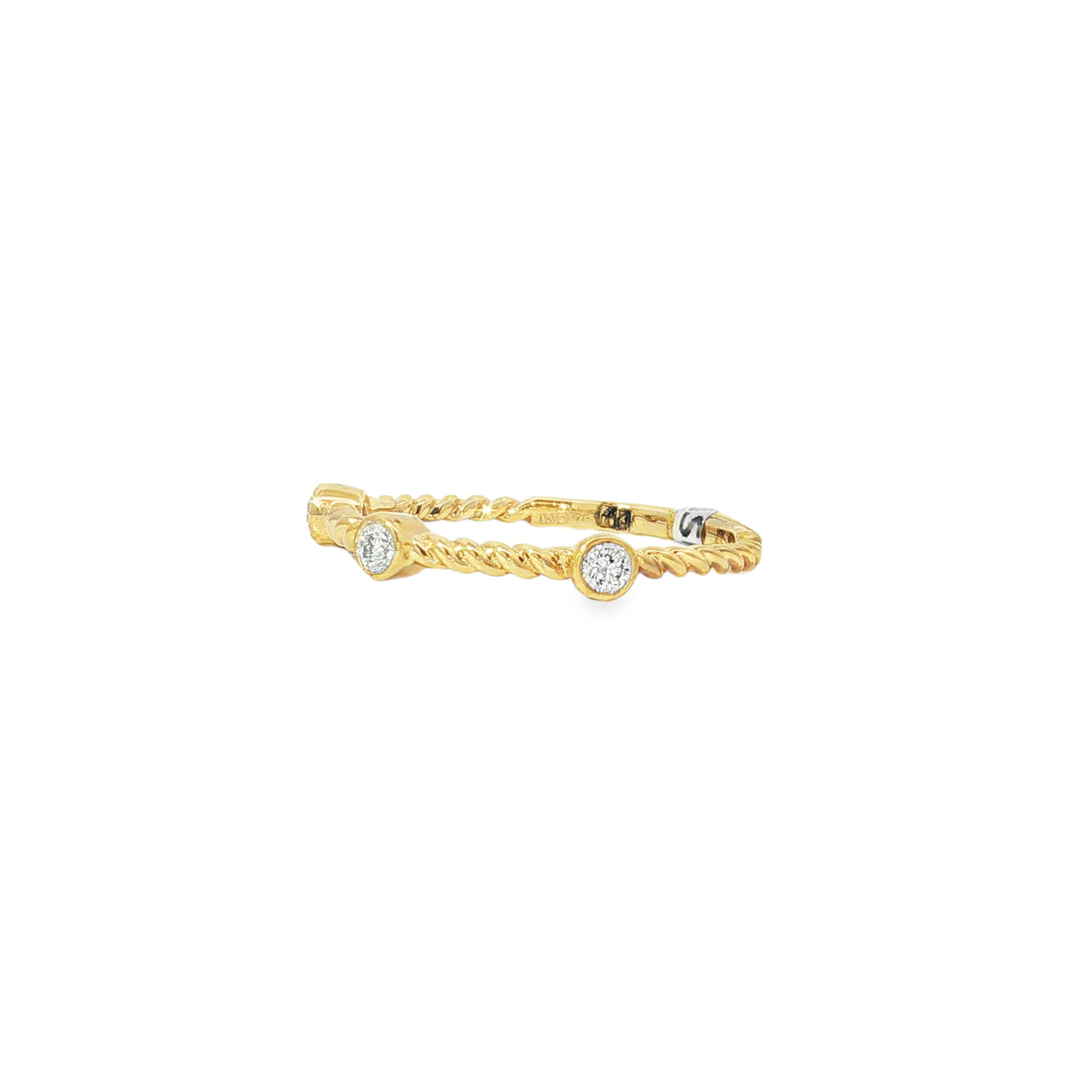 Angled view of yellow gold twisted band and raised round diamond bezels