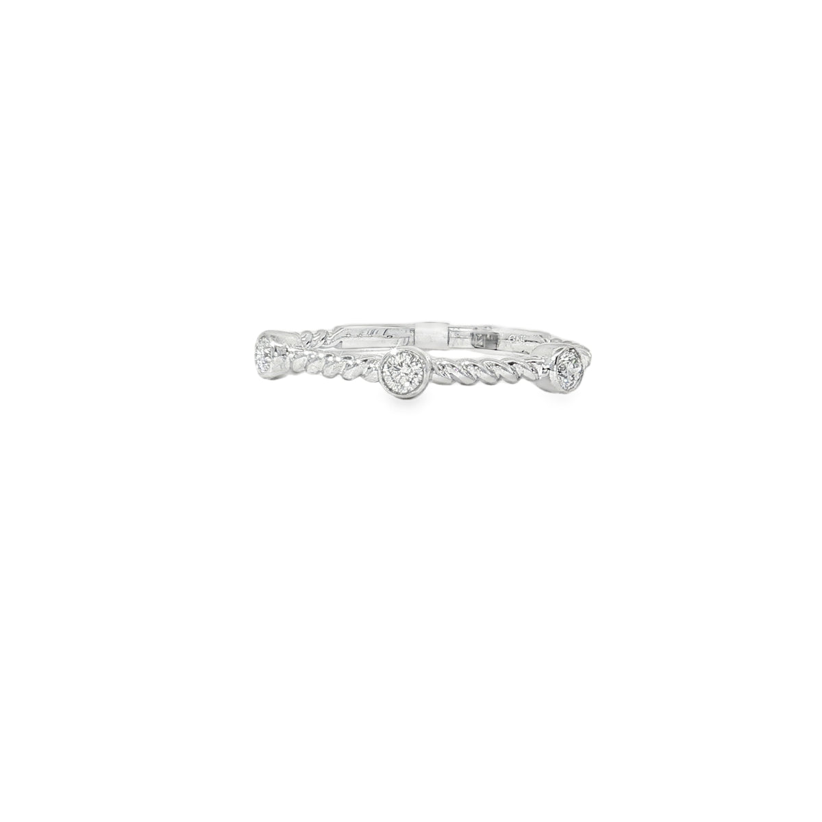 White gold rope-twist ring with round diamonds in spaced bezel settings