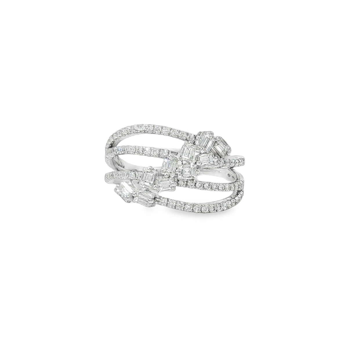 White gold ladder ring with an angled baguette cluster across parallel diamond bands