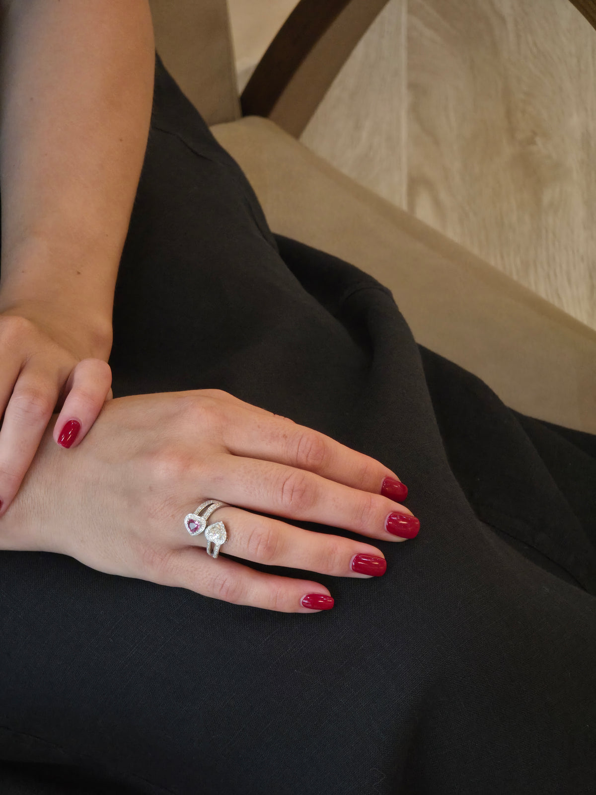 Pink Sapphire Diamond Heart Duo Ring - additional view