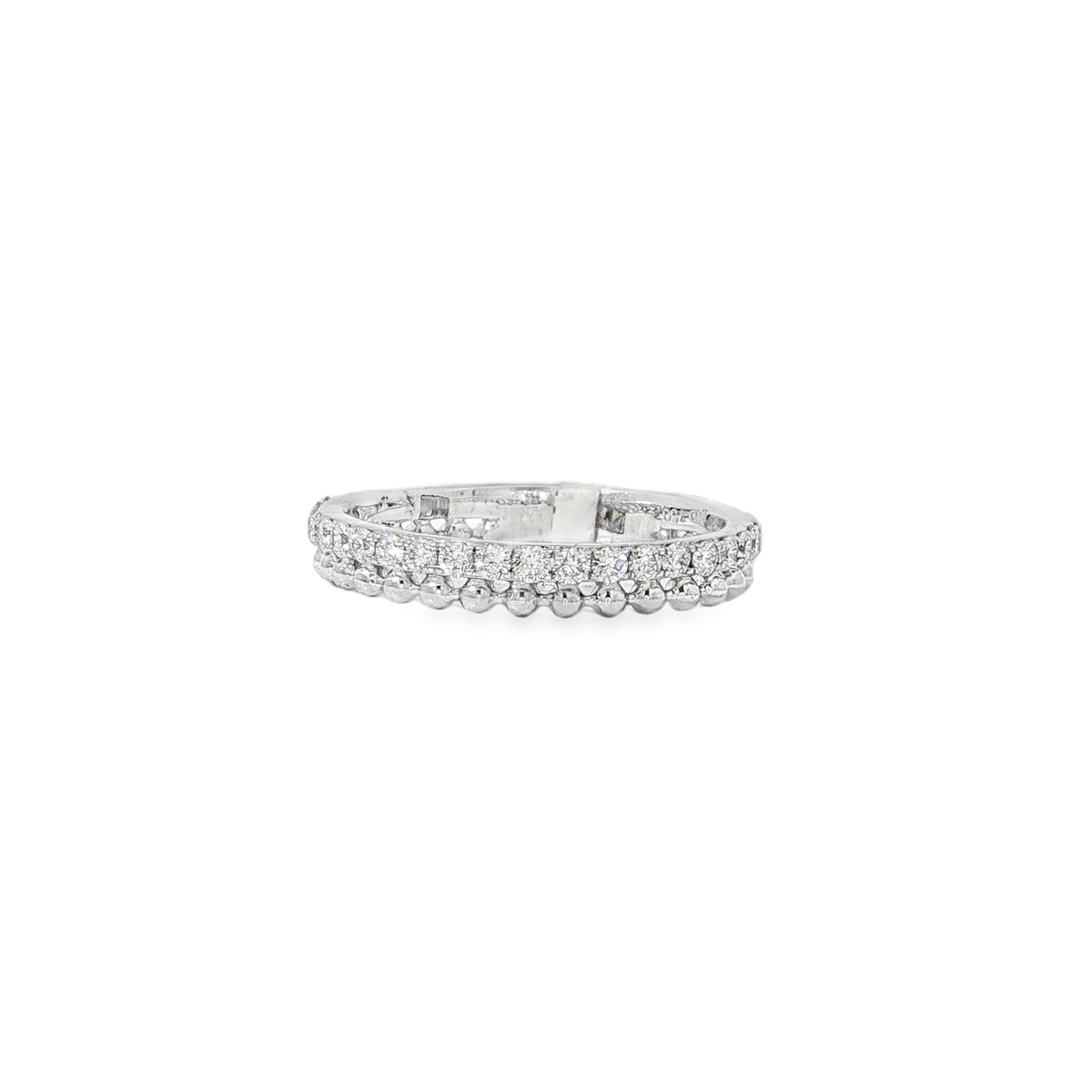 White gold ring with a round diamond row beside a polished beaded edge