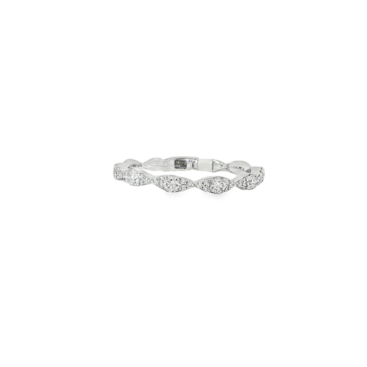 White gold band ring with round diamonds filling connected marquise-shaped motifs